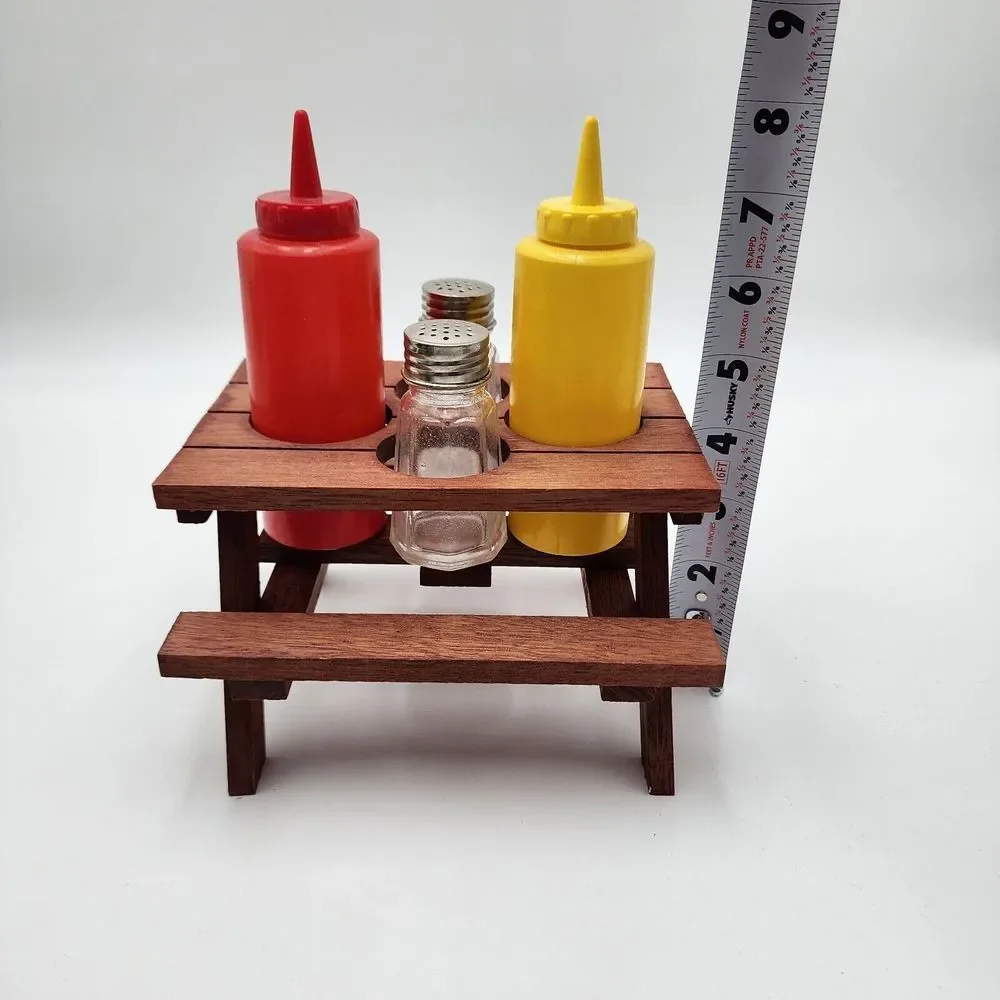 Redwood Picnic Table Condiment Set Salt Pepper Ketchup Mustard‎ Vintage READ